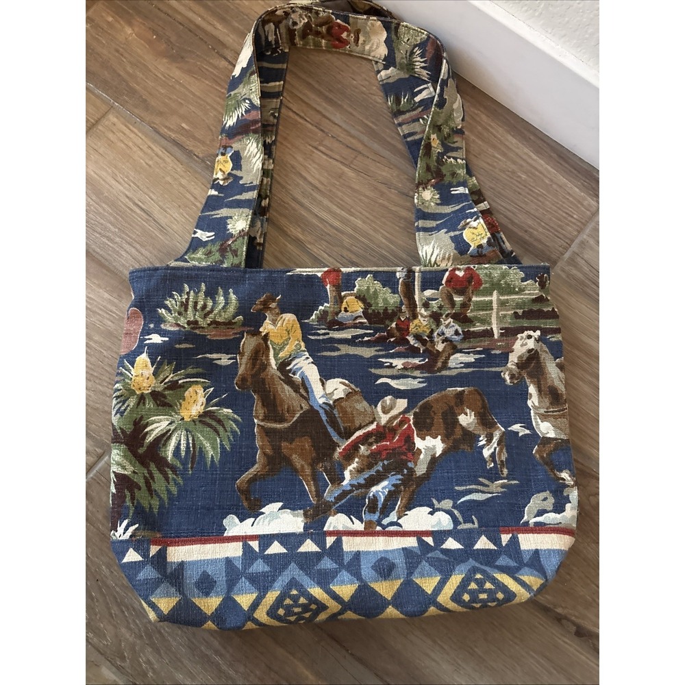 Vintage Western Fabric Cowboy Tote Seychelles Plastic Lined Large Bag Rodeo
